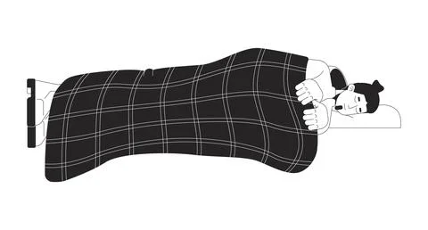 Tired man sleeping in jacket and shoes under checkered blanket 2D line character Stock Illustration