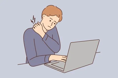 Tired man suffer from backache working on computer Stock Illustration