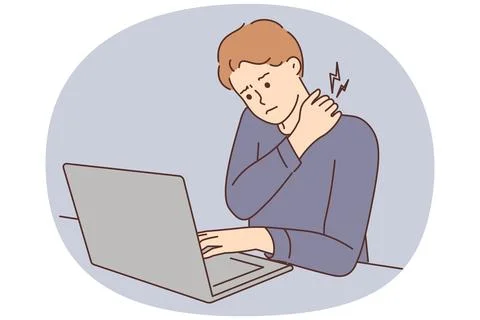 Tired man suffer from backache working on computer Stock Illustration