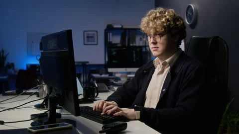 Tired Man Taking off Glasses While Working on Computer Late at Night Stock Footage 347286218