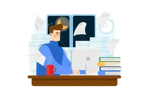 Tired man working on the computer late at night. Illustrazione stock
