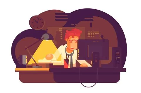 Tired man working in night office Stock Illustration