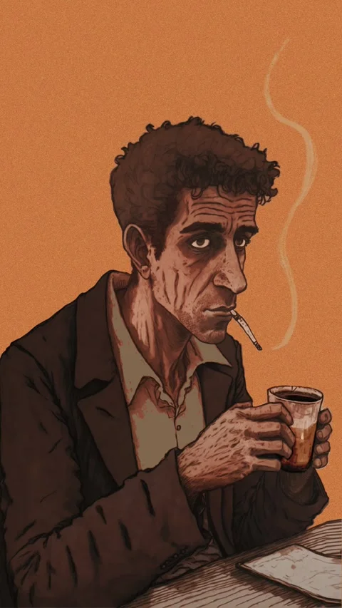 Tired Middle Eastern Man Smoking Cigarette and Drinking Tea, cartoon funny style Stockbeeldmateriaal 333682514