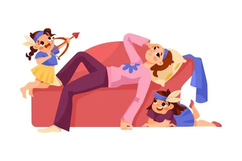 Tired Mom Lying on Sofa and Naughty Capricious Daughter Playing Around Vector Illustrazione stock