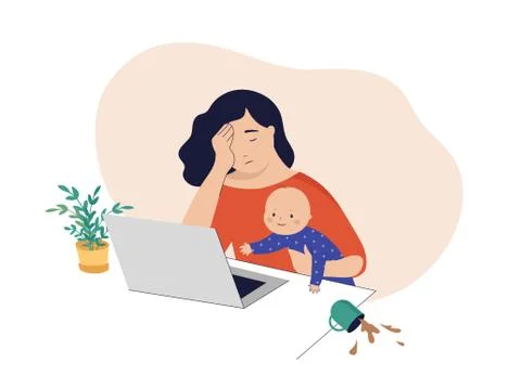 Tired mom trying to work, holding baby in her arms Stock Illustration
