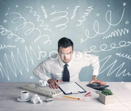 Tired office worker with drawn messy lines Stock Photos