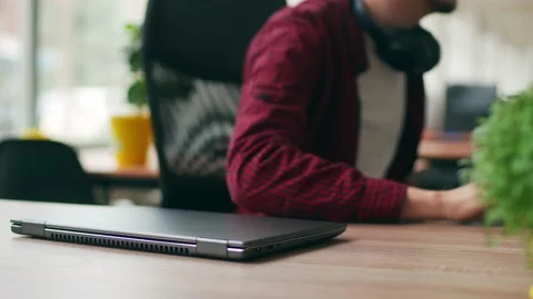Tired office worker finishes work, takes a break, closes laptop. Overworked Stock Footage 220251187