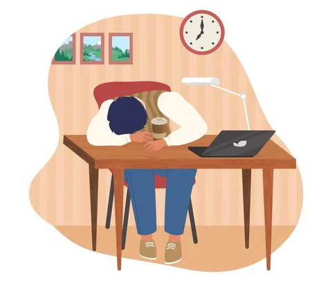 Tired office worker sleeping at the desk, flat vector illustration. Sleepy Stock Illustration