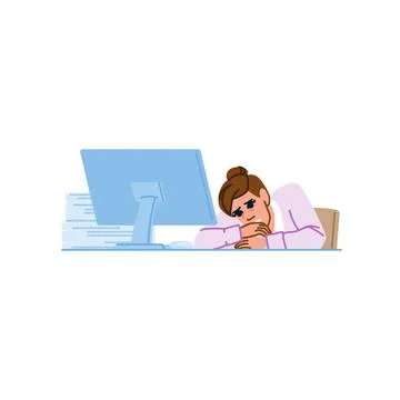 Tired office worker sleeping at desk with computer and paperwork Illustrazione stock