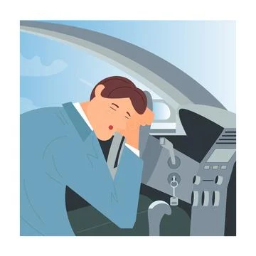 Tired or drunk man sleeping at the wheel of his car. Sleepy People  while dri Stock Illustration