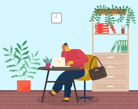 Tired or pensive man sits at laptop, briefcase hangs on armchair. Office room Stock Illustration