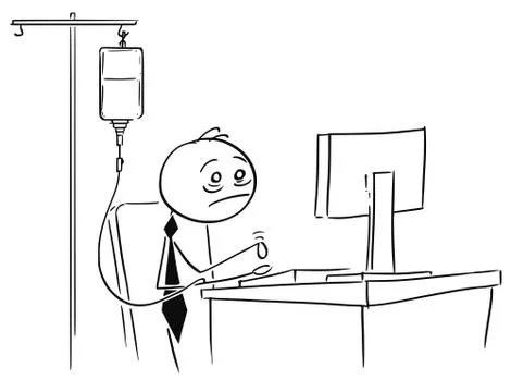 Tired Overworked Businessman Working on Computer with Stimulating Infusion Illustrazione stock