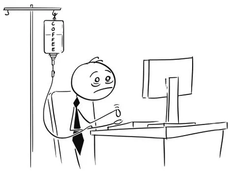 Tired Overworked Businessman Working on Computer with Coffee Infusion Illustrazione stock