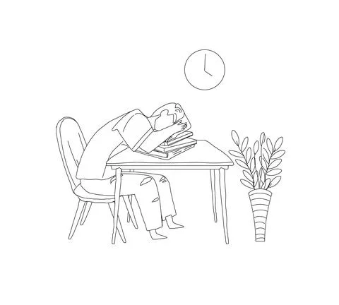 Tired overworked man sleeping on table outline vector Illustrazione stock