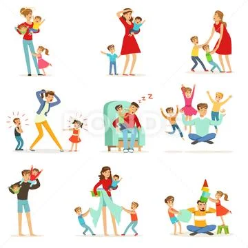 Tired parents and their children set, parenting stress vector Illustration Stock Illustration