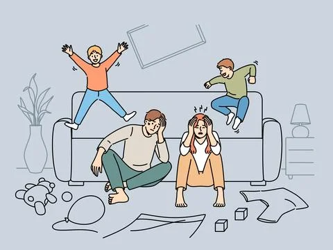 Tired parents sit on floor while mischievous children jump on sofa and throw 库存插图
