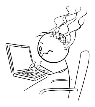 Tired Person Working on Computer, Vector Cartoon Stick Figure Illustration Illustrazione stock