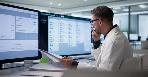 Tired Physician Struggles With Broken Scheduling System At Clinic Computer. Stock Photos