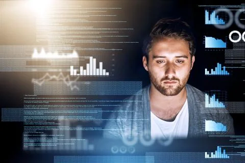 Tired, programmer and coding with statistics overlay for fintech app or Stock-Fotos