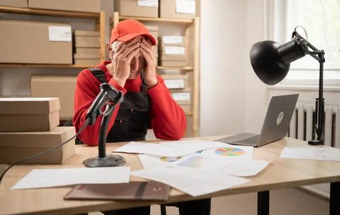 Tired senior postal worker sitting at workplace with headache and emotional.. Stock Photos