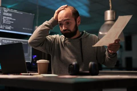 Tired software developer working late after hours Stock Photos