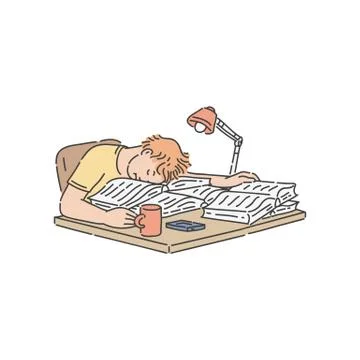 Tired student boy falling asleep on pile of books and papers on table while Illustrazione stock