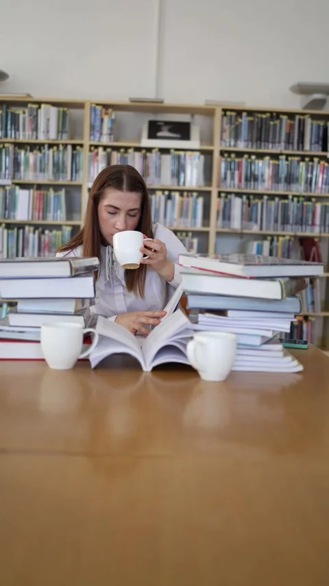 Tired student drinks coffee during exam preparation in library Stock-Footage 342178590