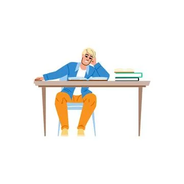 Tired student falling asleep while studying at desk Stock Illustration
