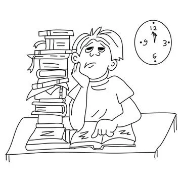 Tired student sitting at desk with stack of books and clock Ilustração Stock