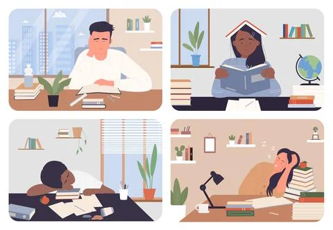 Tired student studying, doing school homework in stress set, sad teen sitting at Stock Illustration