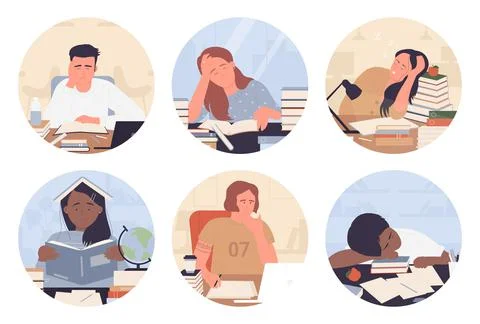 Tired students study without motivation in round avatar set, bored teens doing Stock Illustration