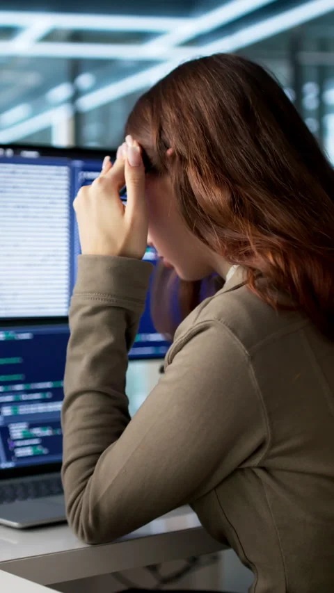 Tired Web Developer Sits At Desk Coding Video stock 335457040
