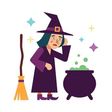 Tired witch brewing potion in cauldron vector illustration Stock Illustration