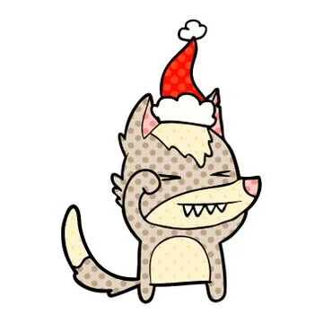 Tired wolf comic book style illustration of a wearing santa hat Stock Illustration