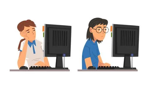 Tired Woman in Front of Computer Screen Doing Work Routine in the Office Vector Stock Illustration