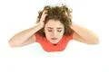 The tired woman stand on the white background. View from above Photo