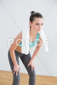 Tired woman with towel around neck at fitness studio Stock Photos