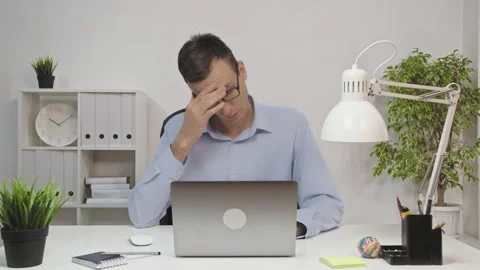 Tired Worker Overworked On Computer. Stock Footage 148545416