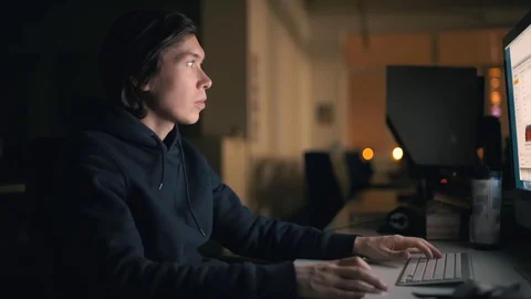Tired Worker Overworked On Computer.Frustrated Businessman Working Alone.Office Stock Footage 128174907