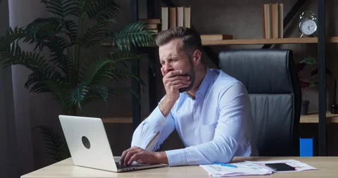 Tired Worker Overworked On Computer.Frustrated Businessman Working Alone.Office Stock-Footage 160644513