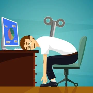 Tired worker sits at the workplace. Clockwork key. Stock Vector 스톡 일러스트