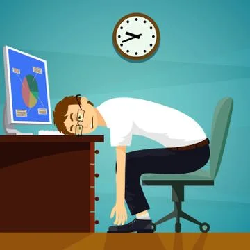 Tired worker sitting at desk with computer. Stock vector illustr Stock Illustration