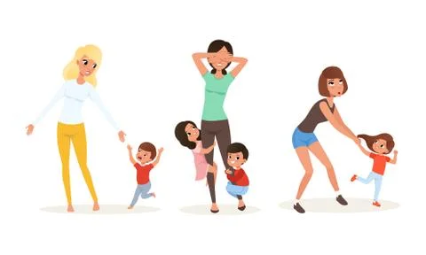 Tired Young Mother and Hyperactive Child Claiming Attention Vector Illustration Ilustración de archivo