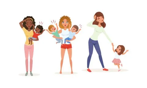 Tired Young Mother and Hyperactive Child Claiming Attention Vector Illustration Ilustración de archivo
