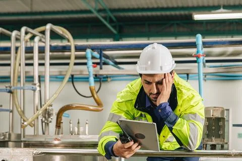 Tires Stress Engineer worker overtime working. Having problem feeling stres.. Stock Photos