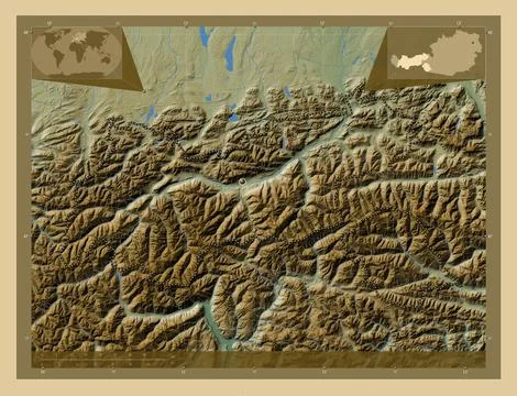 Tirol, Austria. Colored elevation map with lakes and rivers Illustrazione stock