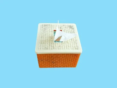 Tissue Box with Paper Sheets Isolated on Blue Background Hygiene Concept Stock Photos