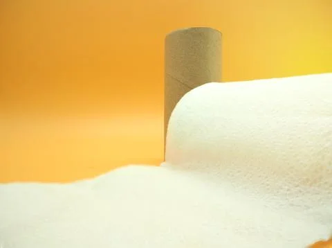 A tissue paper with roll core. Empty roll with toilet paper on a orange backg Stock Photos