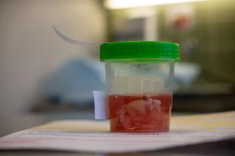 Tissue sample is placed in a formalin-filled cup after an operation Stock Photos