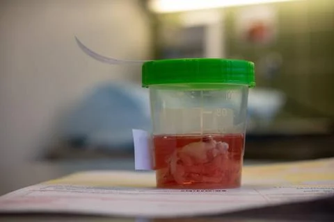 A tissue sample is placed in a formalin-filled cup after an operation Stock Photos